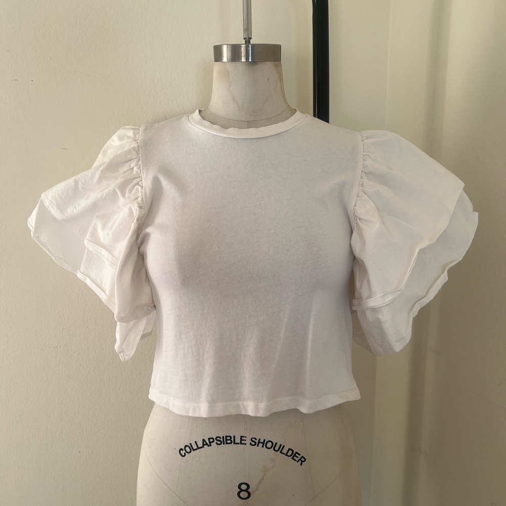 Zara White Ruffle Sleeve T shirt Top S